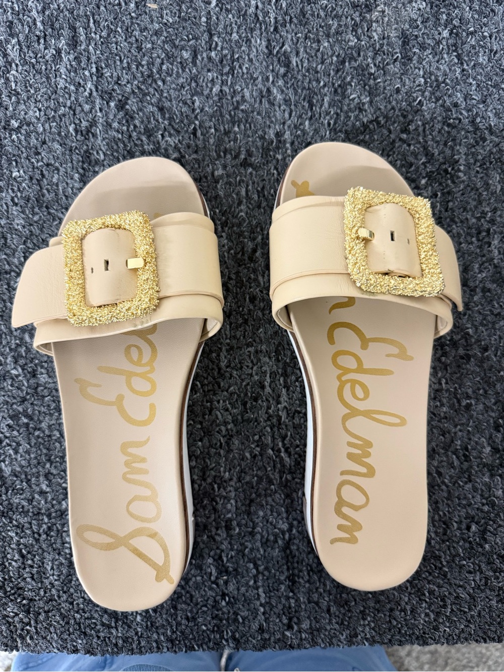 Sam Edelman Beige Slide Sandals with Glitter Gold Buckles